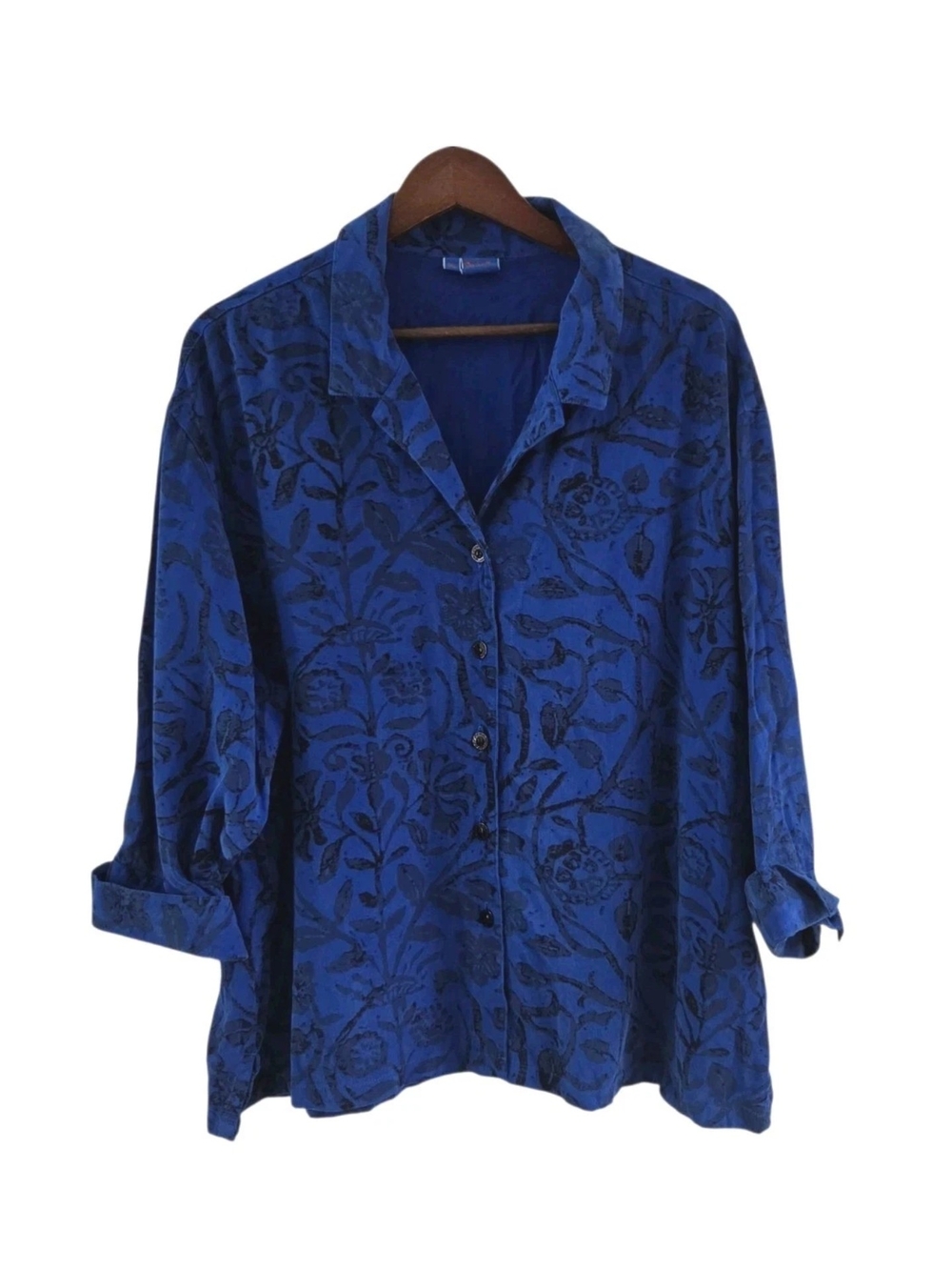 Tianello Aida Blouse Blue Floral Button Down 3/4 Sleeves Womens Size XL Artsy